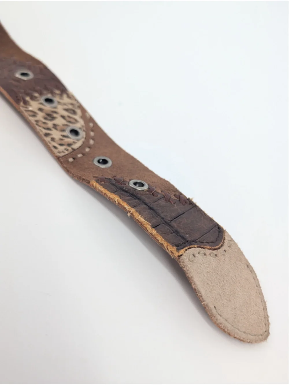 Fossil Leather Patchwork Belt M Brown Tooled Leopard Whipstitch Boho Western